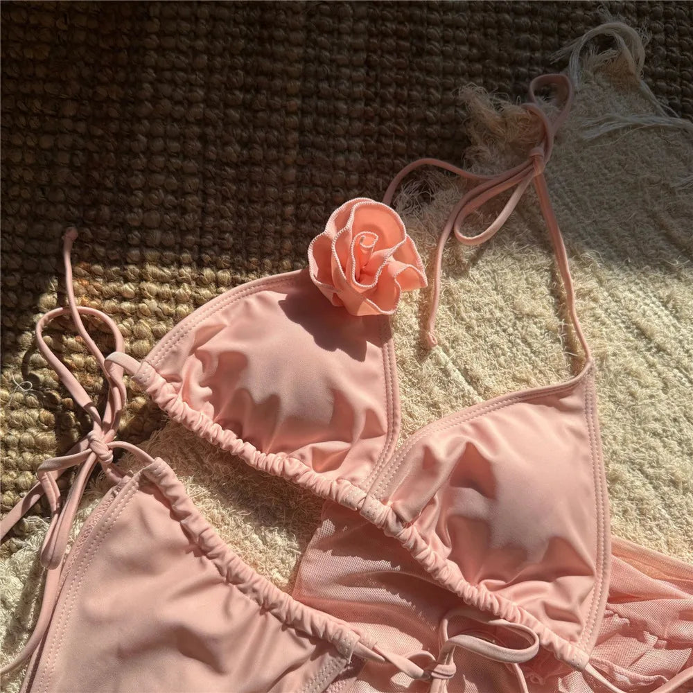 Sexy 3D Flower String Halter Bikinis 2025 Women Swimsuit Cover Ups Lace-up Thong Swimwear Beach Wear Bather 3 Piece Bikini Set
