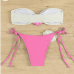 Sexy Bikini Set 2025 Bandeau 3D Flower White Black Contrast Push Up Micro Swimsuit Brazilian Cut Out Bathing Suit Thong Swimwear