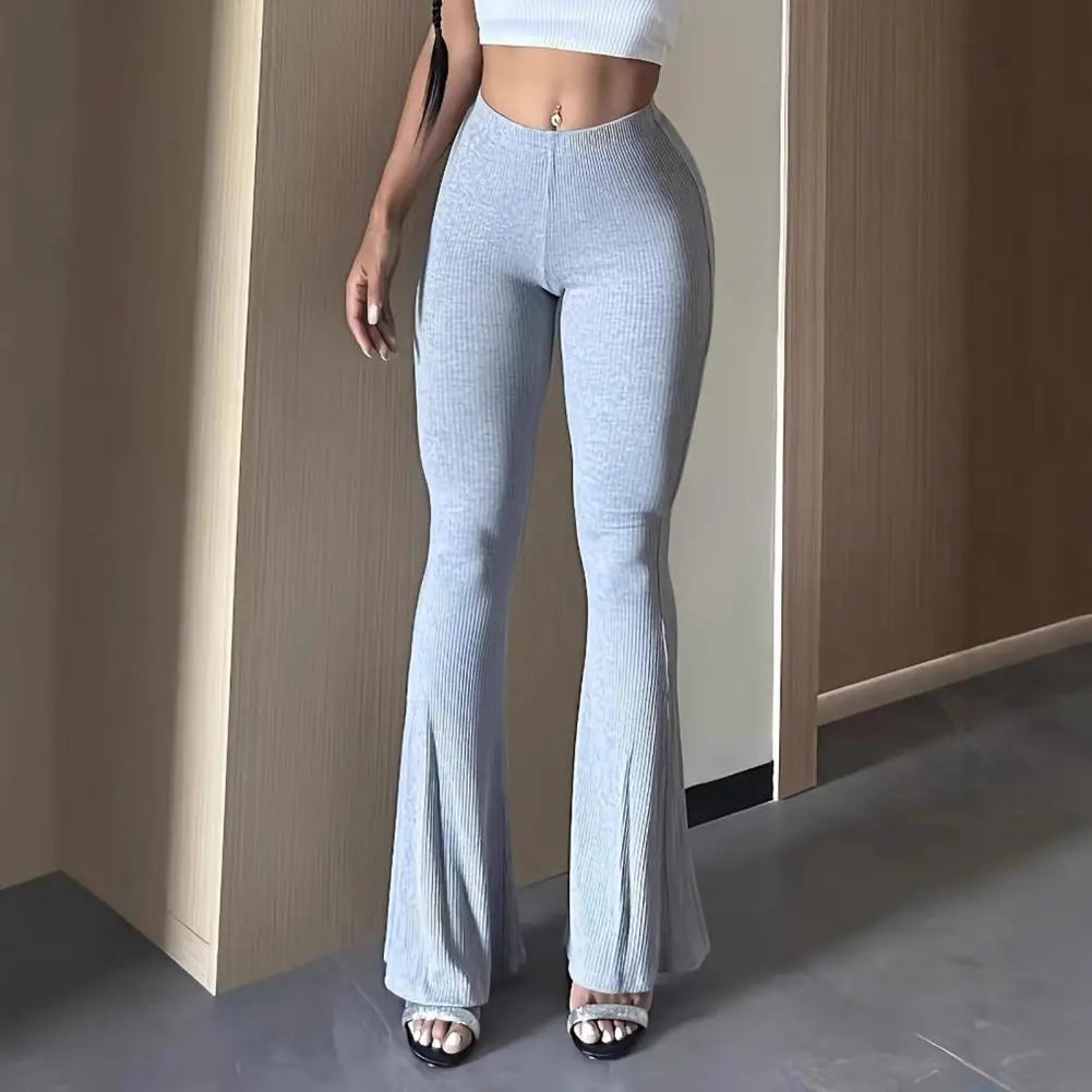 Women Flared Pants Yoga Running Cycling Trousers Elastic High Waist Solid Color Long Pants Ribbed Texture