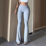 Women Flared Pants Yoga Running Cycling Trousers Elastic High Waist Solid Color Long Pants Ribbed Texture