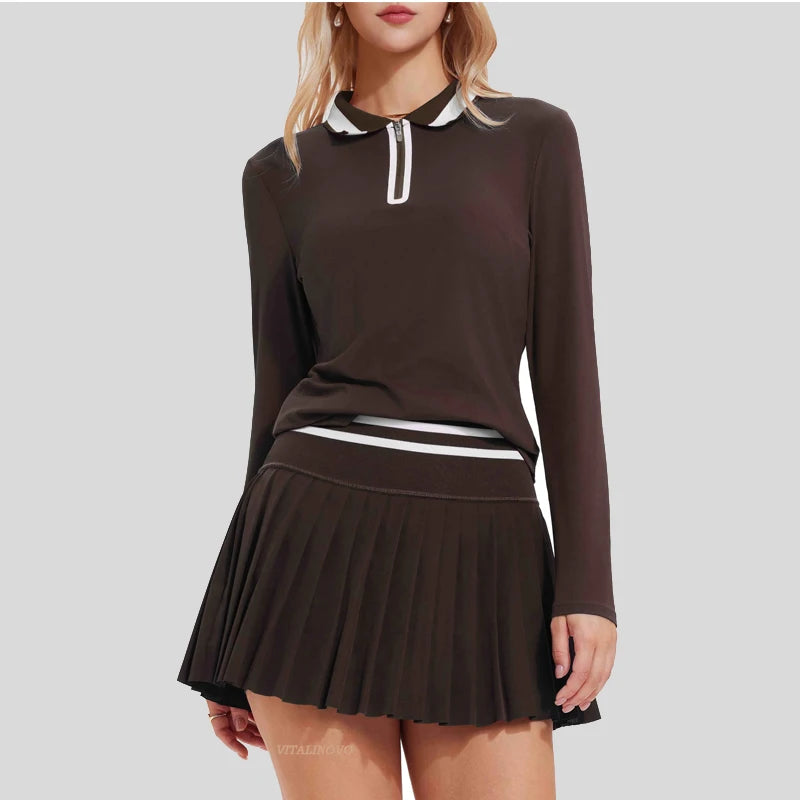 VITALINOVO Tennis Skirt Sets for Women Zipper Color Block Shirts High Waisted Golf Polo Two Piece Skirt Set Women 2 Piece Outfit