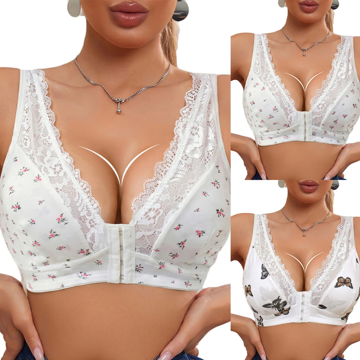 Women Lace Trim Butterfly Print Front Closure Wireless Bralette Comfortable Breathable Brassiere Plus Size Padded Push Up Bras