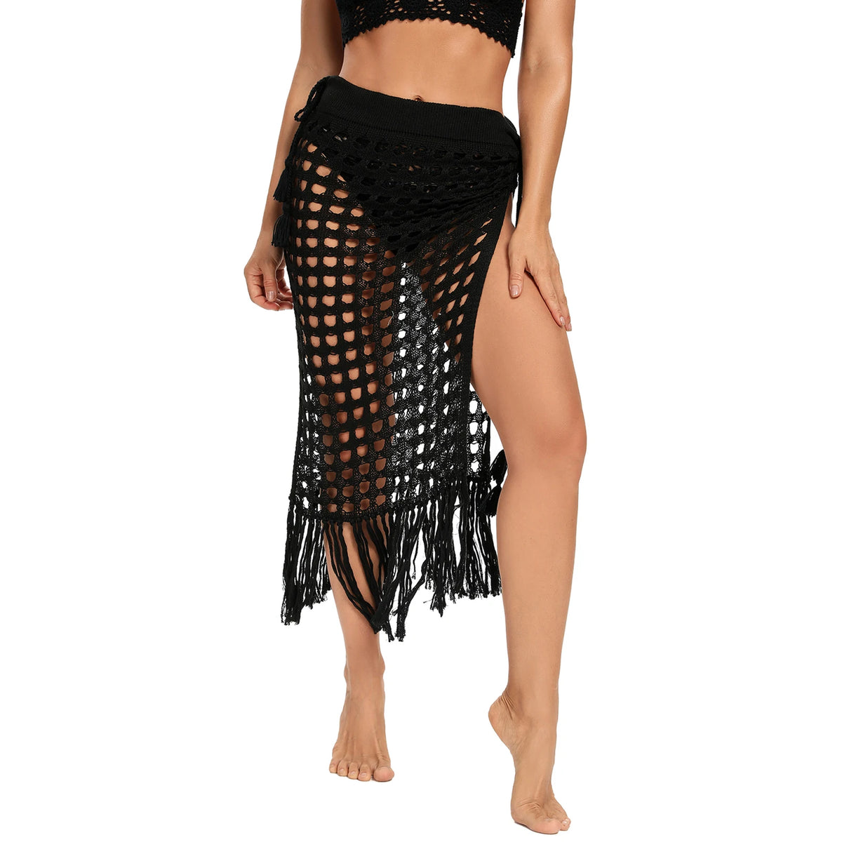 Womens Swimwears Skirts Knit Hollow Out Bikini Cover-ups See Through Club Beach Sexy Tie-ups Waist Tassel Hem Split Skirts