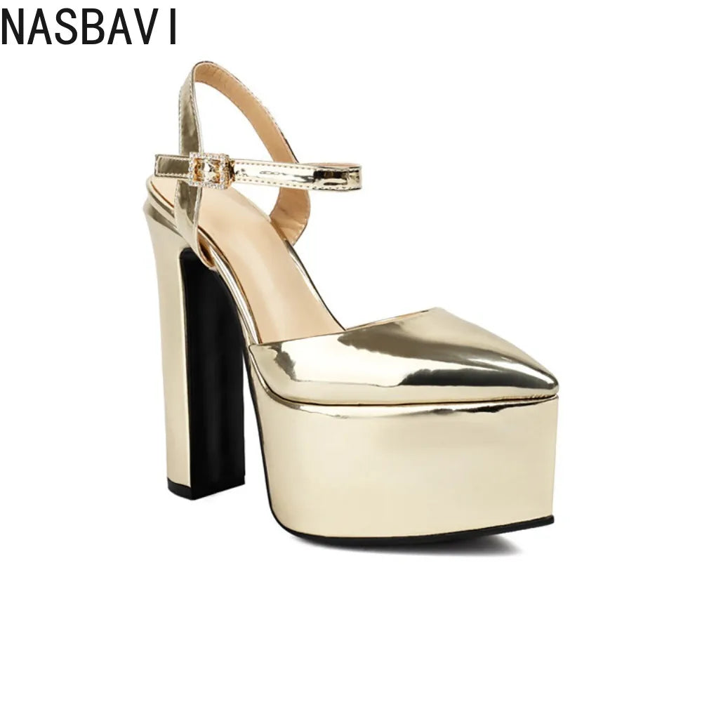 Platform Pointed Toe Sandals for Women Summer New Ankle Buckle Strap Gold Runway High Heels Large Size 43 Wedding Party Shoes
