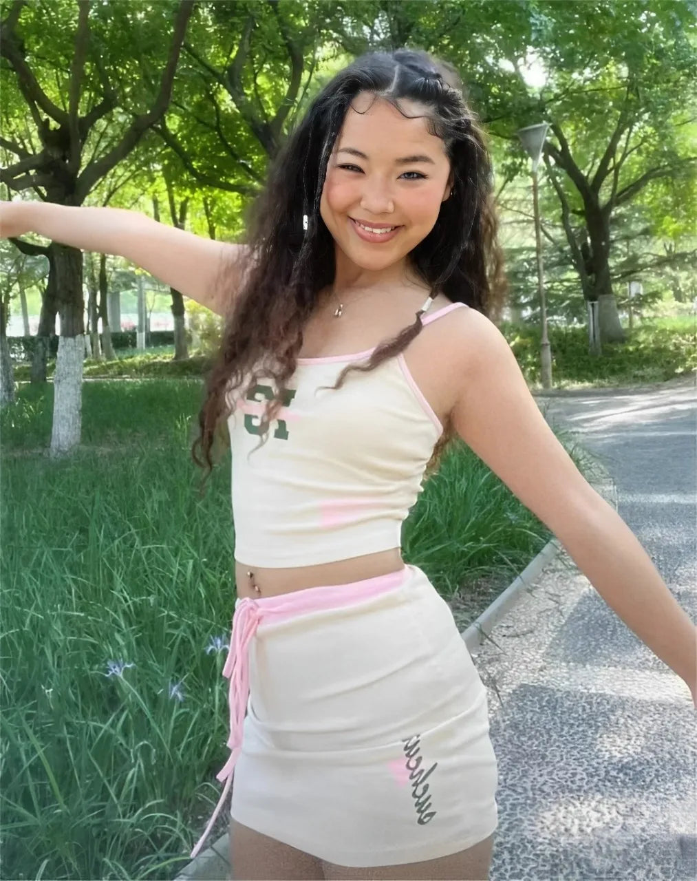 Hot Girl Two-piece Suit Printed Slimming Suspender Low Waist Drawstring Short Skirt Suit