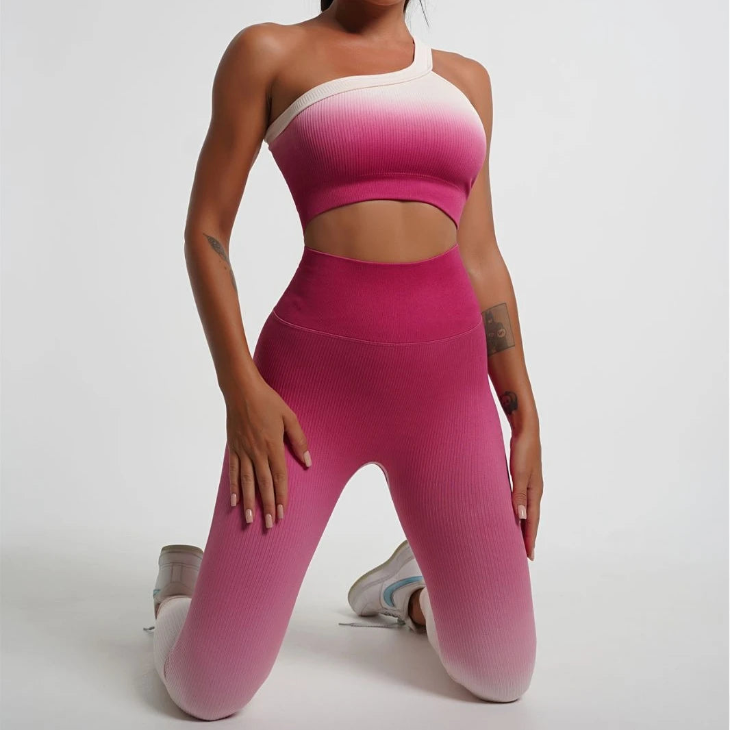Seamless Tight Yoga Sets Sports Fitness Gradient Single Shoulder Bra High Waist Hip Lifting Pants Suits Wokout Gym Running Sets