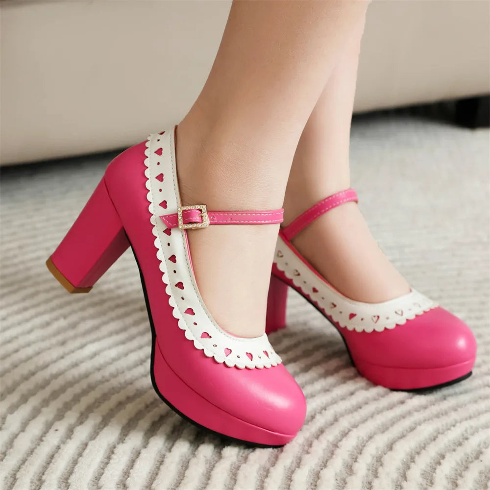 Plus Size 45 Sweet Mary Janes Shoes Women Cute Blue Block High Heels Lolita Pumps Lovely Pink Heart Edge Platform High-heeled