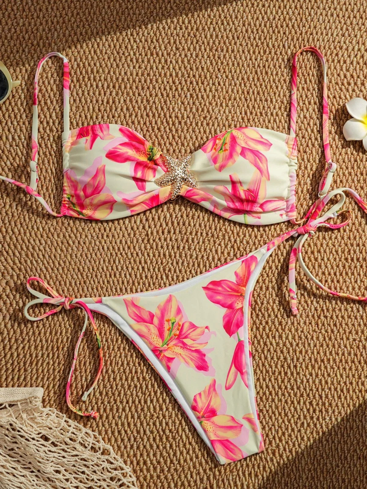 Sexy Pink Floral Print Micro Bikini 2025 Women Metal Starfish Ornament Pleate Push Up Thong Swimsuit Bathing Suit Pool Swimwear