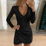 Spring Summer Women Dress Sequin Deep V Neck Slim Long Sleeves Slim Fit Pleated Party Club Short Dress Dating Prom Mini Dress