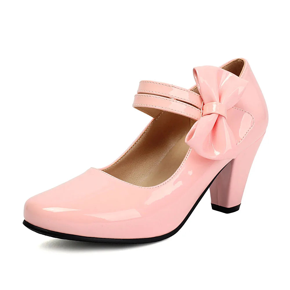 Plus Size 33-48 Sweet Polka Dot Mary Jane Heels Shoes Women Pink Blue Side Bow Tie Round Toe Chunky Block Heel Cute Lolita Pumps