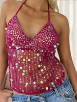 Women's Halter Neck Vest Summer Sleeveless Open Back Slim Fit Tie Up Sequins Tank Tops