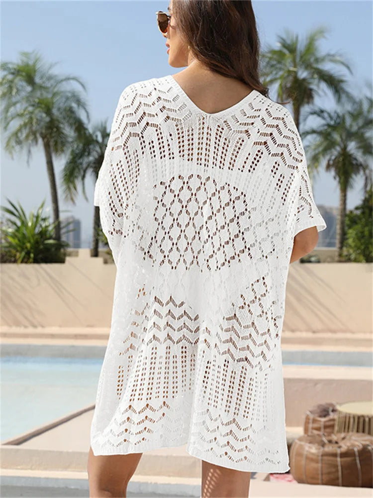 Sexy Hollow Out Beach Cover Up Women Blue White Knitted Crochet Tunic Mini Dress Short Sleeve V Neck Loose Cover-ups Beachwear
