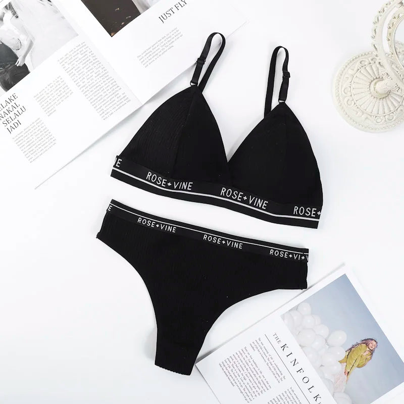 Women's Ribbed Wireless Triangle Bralette and Thong Set Low Rise Panties Daily Wear Comfort Underwear Ladies Sexy Lingerie Set
