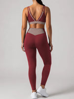 Summer Color-block Yoga Sets Women Thin Strap Open Back Shockproof Sports Bra Tight High Waist Leggings Training Fitness Suits