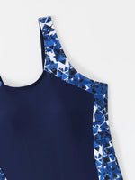 Women One-piece Sports Swimsuit Professional Training Athletic Boyleg Bathing Suit Printed Swimwear Patchwork Beach Wear Blue