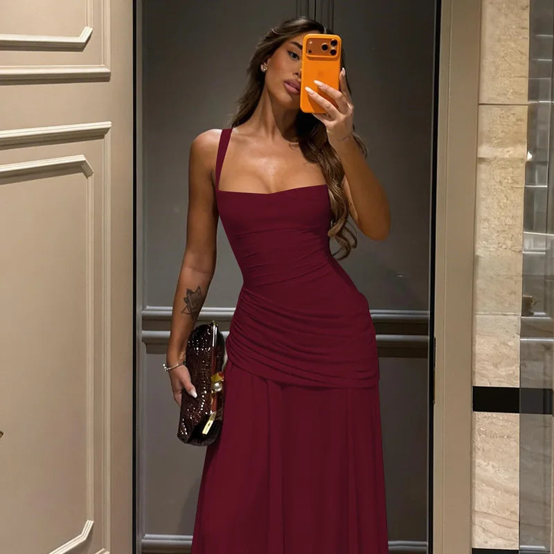 FDYOUI Fashion Sleeveless High Waist Tunics Long Maxi Dress Party Gowns Women Chic Backless Lace-up Folds Slim Evening Dresses