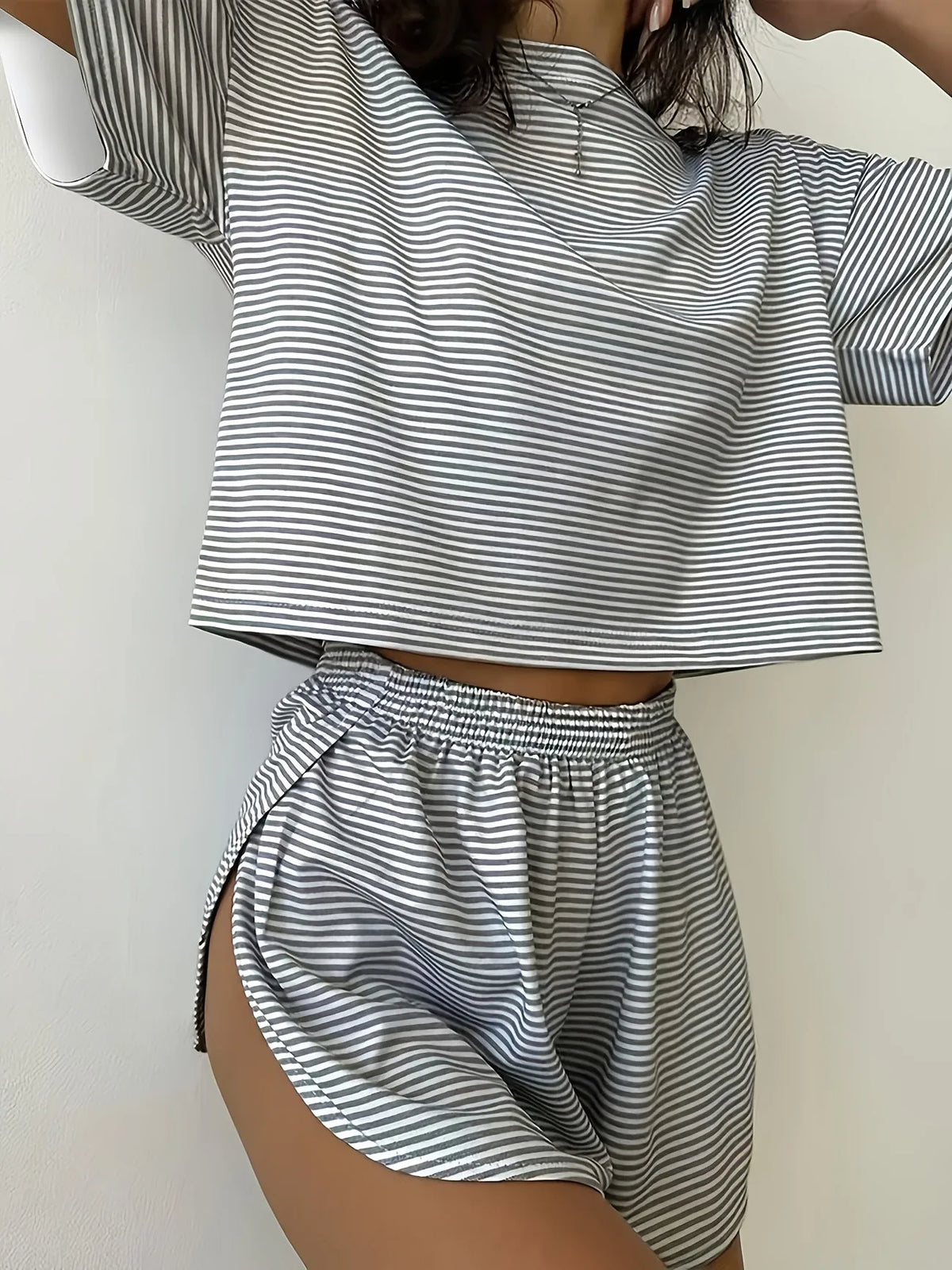 Summer Striped 2pcs Pajama Set for Women Short Sleeve Crop Top Elastic Waist Shorts Soft Loungewear Home Sleepwear