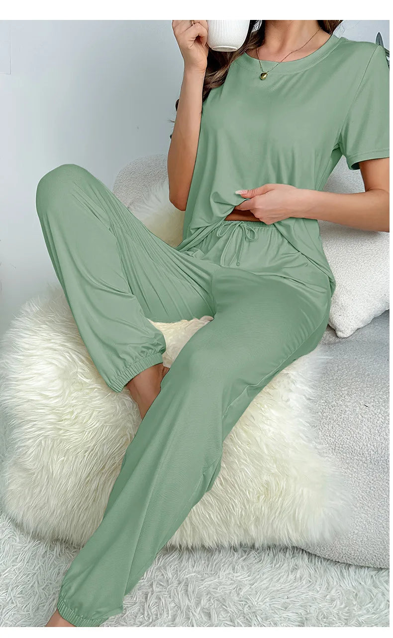 Women's Sleepwear Spring and Summer New Pajamas Women's Short-sleeved Trousers Set Classic Solid Color Casual Loungewear