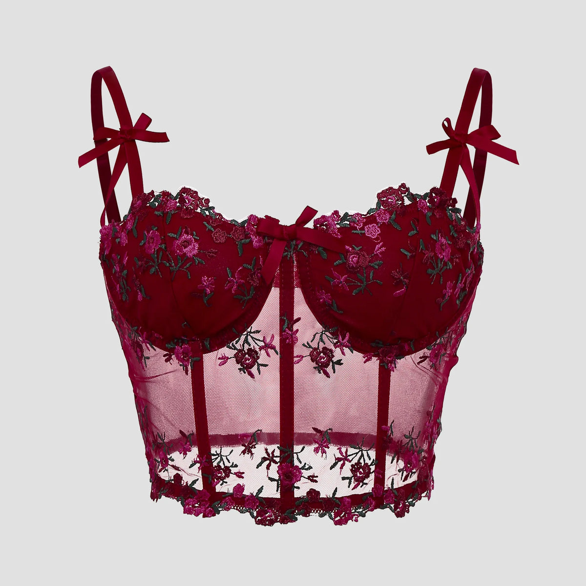 Sexy Lace Floral Embroidery Bow Corset For Women Camisole Sheer Mesh Fishbone Slim Crop Top Wired Bra Camis Festival Lingerie