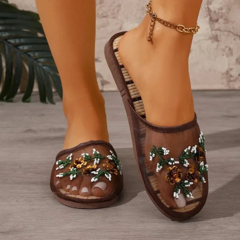 Womens Slippers Summer Mesh Breathable Shoes Flats Closed Toe Embroider Soft Bottom Chaussures