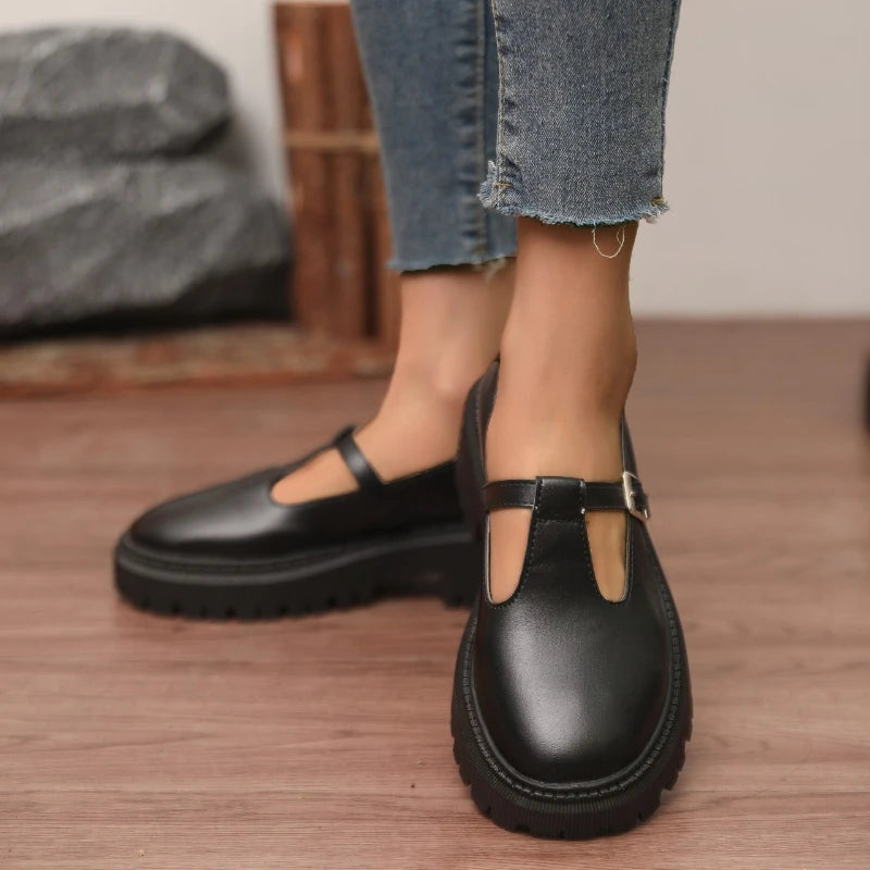 Women T‑Strap Mary Jane Shoes Faux Leather Buckle Lug‑Sole Platform Round‑Toe Vintage Preppy JK Casual Daily Dress Shoes