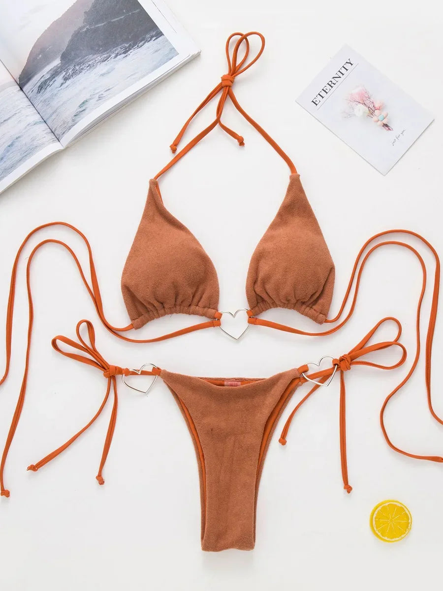 Love Shaped Metal Rings Bikinis Halter Velvet Bikini Women Swimwear Female Swimsuit Two-pieces Bikini Set Bathing Suit Swim Lady