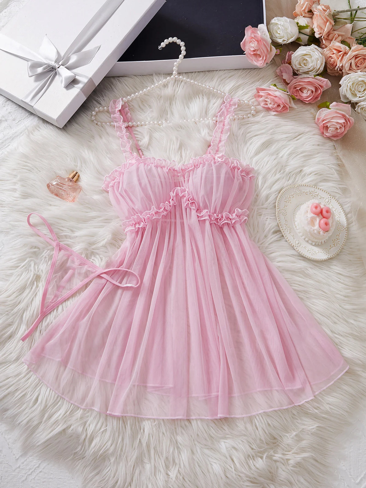 Women Perspective Mesh Nightdress Bow Wrapped Around Chest Pink Sexy Babydoll With Thong Erotic Sexy Lingerie Valentine Day Gift