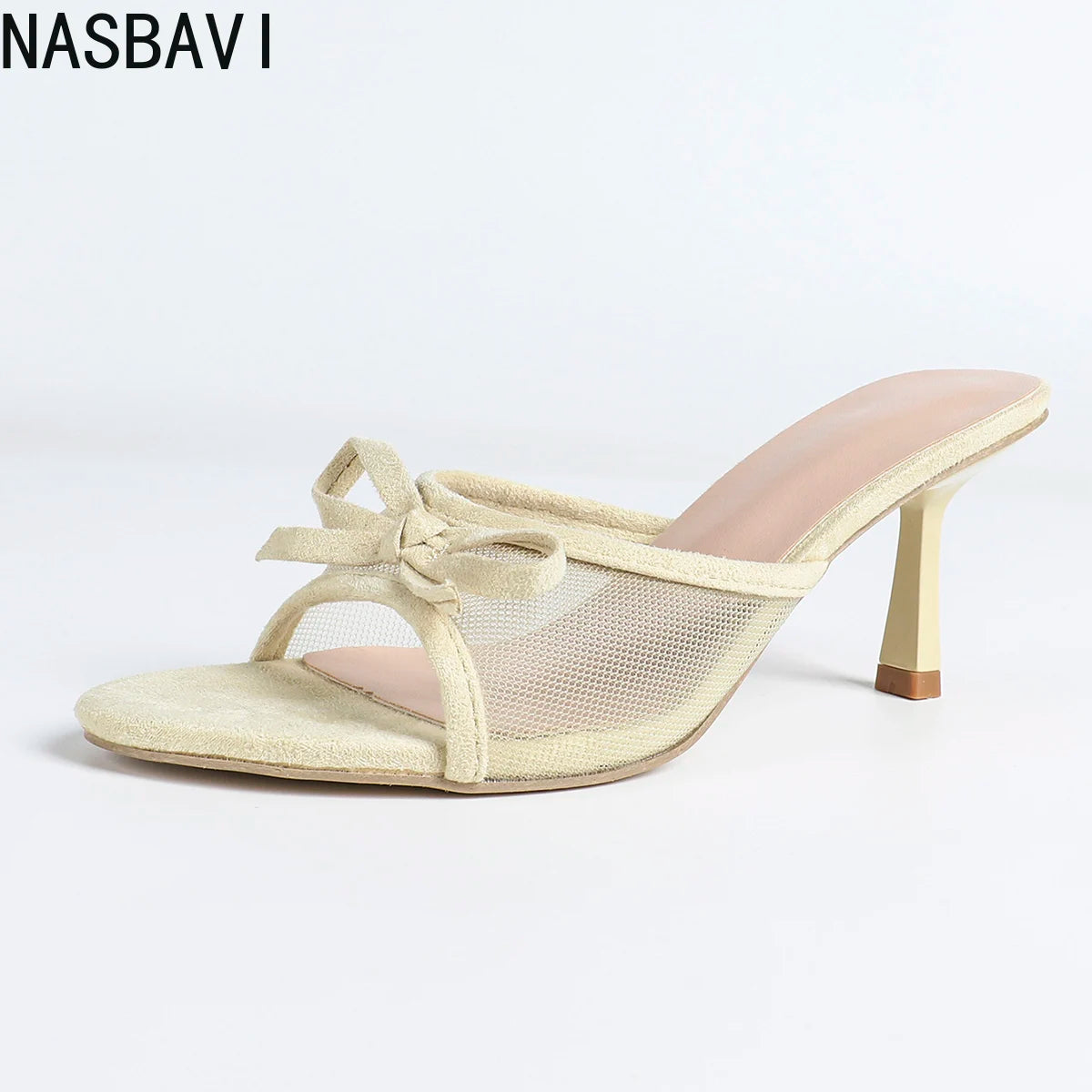 Summer New Style Mesh Breathable Round-toe Slip-on High-heeled Sandals with Bow Tie and Thin Heel Women's 7CM