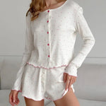 Women's Pajamas Set Soft Comfortable Knitted Long Sleeve Top Shorts Loungewear Heart Print Comfortable Homewear