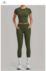 Women Tracksuit Yoga Sets Short Sleeve Slim Sports T Shirts Workout Clothes Outdoor Tight High Waist Pocket Pants Fitness Suits
