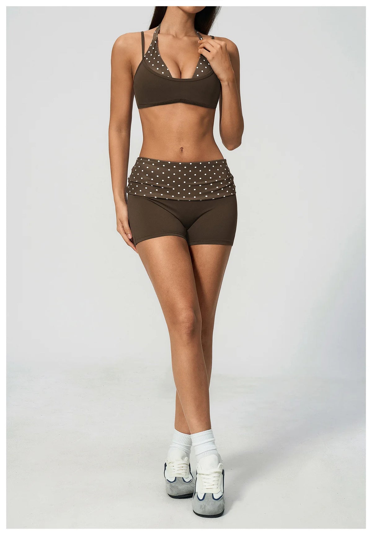 Breathable Striped Patchwork Yoga Clothing Women Fake Two-piece Sports Bra Folding High Waist Shorts Gym Running Fitness Suit