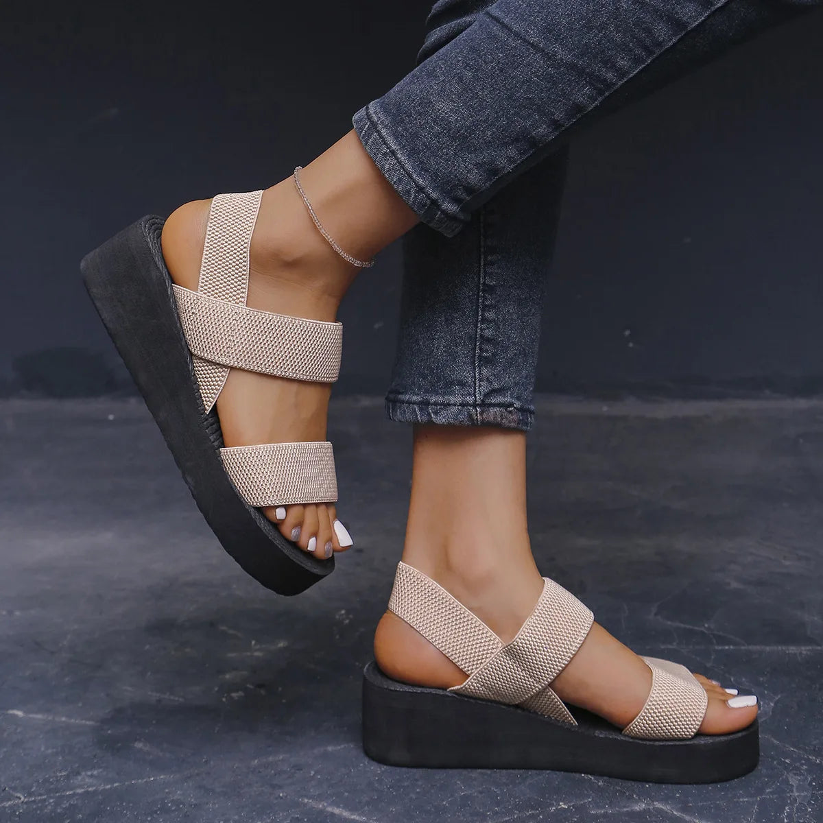 Women Minimalist Wedge Sandals Open Toe Thick Sole Female Platform Shoes Elasstic Back Strap Home Street Slingback Sandalias