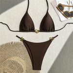 Dark Brown String Halter Micro Thong Bikinis Sets Sexy Swimsuit Women 2026 Metal Ring Holiday Swimwear Beach Wear Bikini Mujer