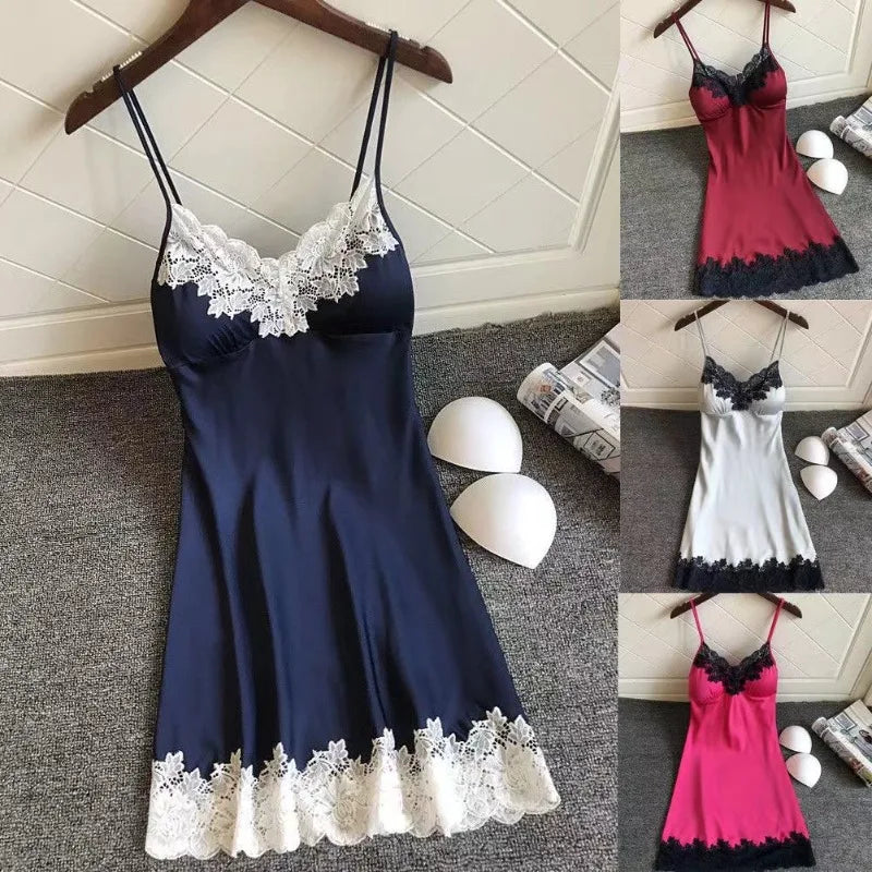 Sexy WomenSilk Robe Dress Nightdress Soft Lace Casual Nightgown Straps Sleepwear Nightdres