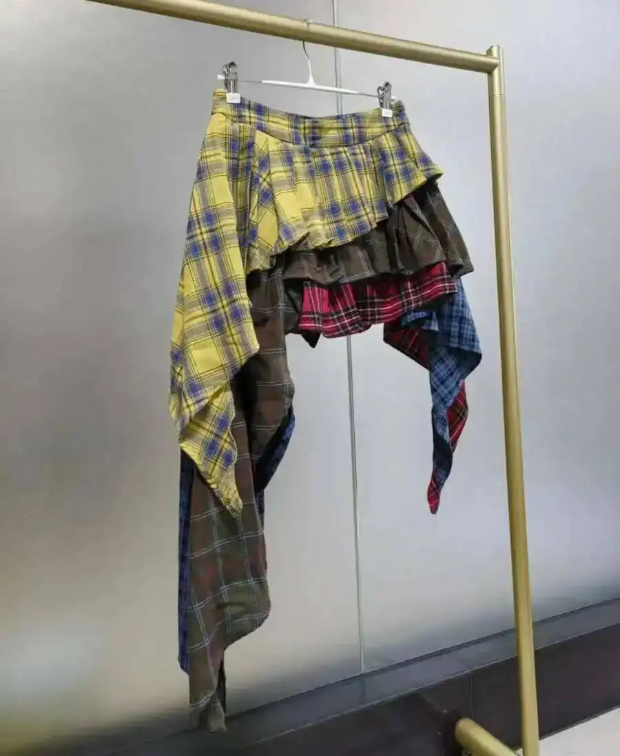 Real Photo Autumn Trend New Fashion Cotton Plaid Patchwork Irregular Skirt High Waist Pants Skirt Women's Streetwear Y2K X6CQ