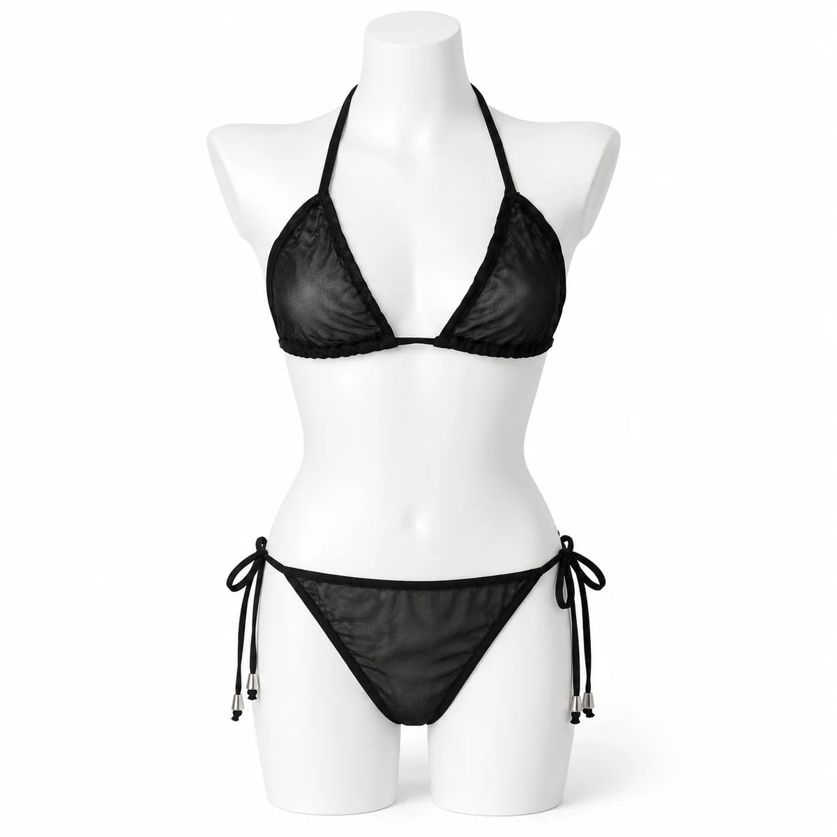 Women Bikini Set 2pcs Black Halter Triangle Swimsuit, Tie Side V Shape Bottom, Solid Color Beach Vacation Swimwear