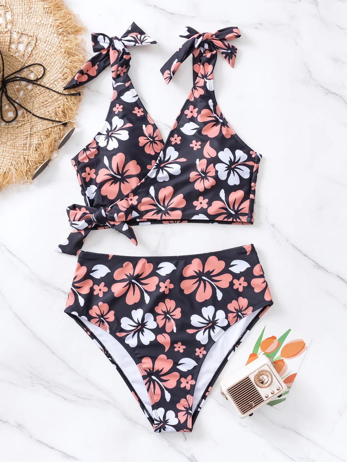 Sexy Black Floral Print Bikini Set 2026 Women V Neck Cross Push Up Bra High Waist Swimsuit Beach Bathing Suit Holiday Swimwear