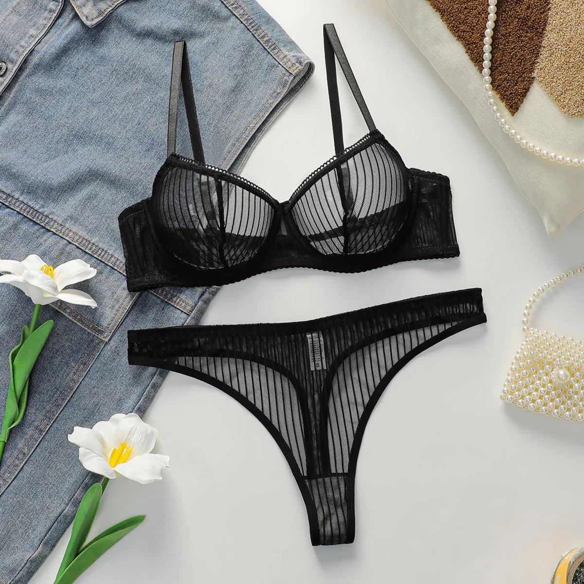 Solid color transparent lace stripe 2-piece set paired with sexy thong new women's underwear set girls Lingerie