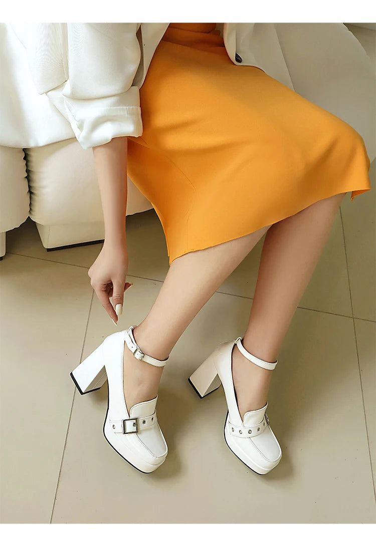 Plus Size Smooth Patent Leather Instep Metal Belt Square Buckle Platform High Thick Heel Ankle Buckle Sweet Lolita High Heels