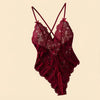Date-specific Deep V cut WineRed lace one-piece dress. Lightweight sheer cross-strapped women's sexy lingerie set.