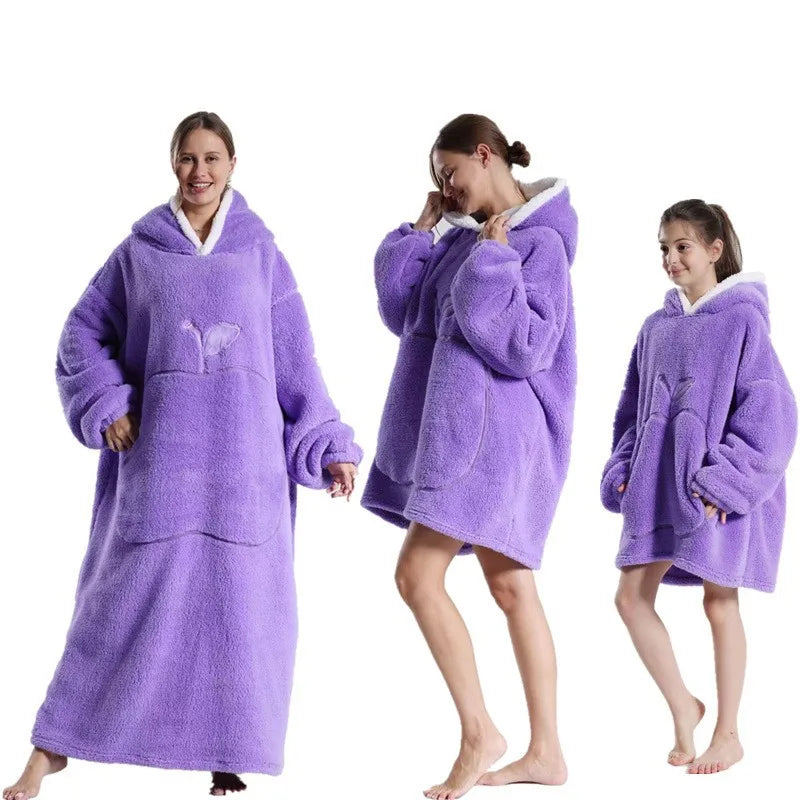 Winter Extra Long Wearable Hoodies Blanket Adult Warm Pullover Sweatshirt Oversized Fleece Hooded Blanket with SleevesRobe