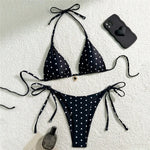 Sexy Black Dot Print Triangle Micro Bikini Thong Set Swimsuit Women 2026 String Halter Swimwear Heart Rhinestones Bikinis Mujer