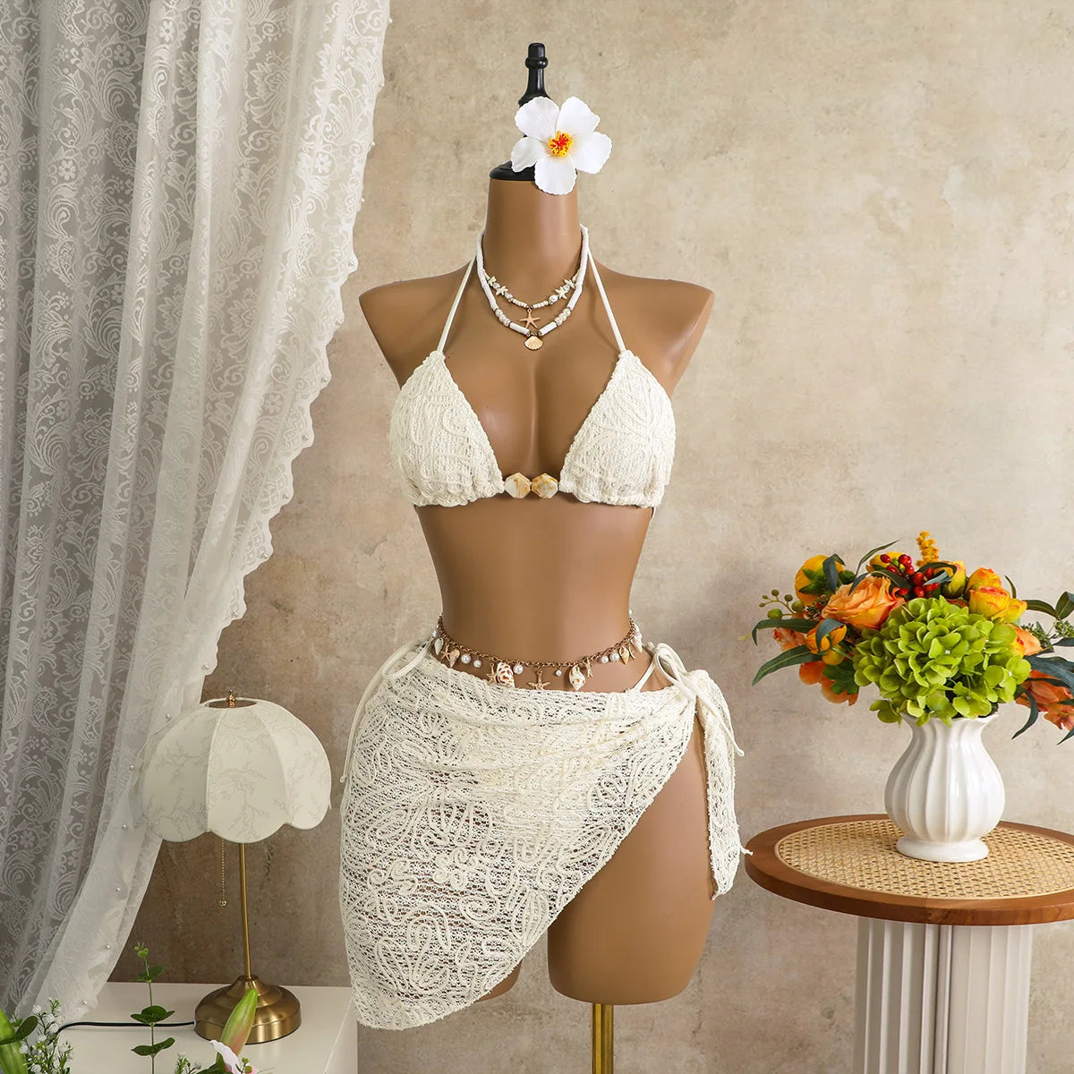 Vintage Pink Mesh Skirt 3 Piece Bikini Set Women Stone Strap Push Up Bra Triangle Swimsuit Holiday Bathing Suit Swimwear 2026