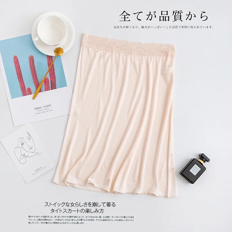 Summer Silk Underskirt Half Slips Dress for Women Mid Waist Elastic anti-penetration Underskirt Seamless Anti-slip Lining Skirt