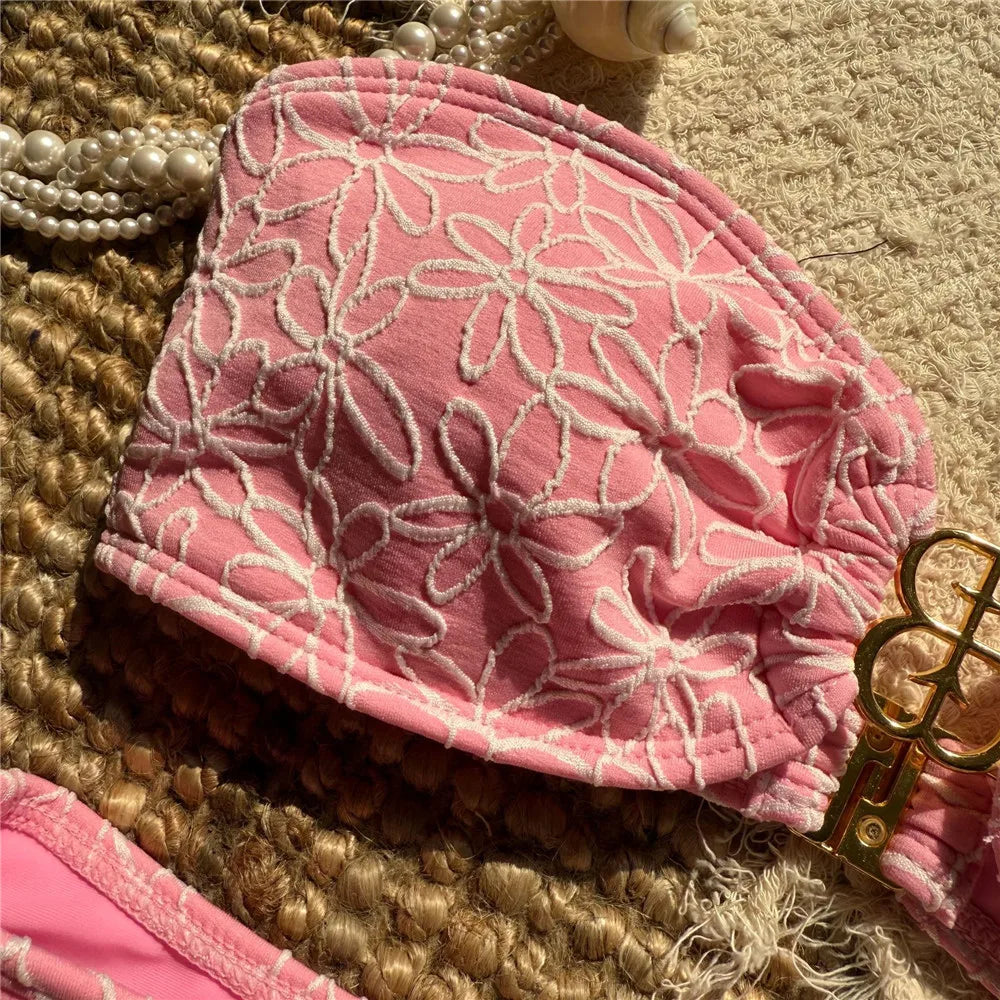 Flower Embroidery Bandeau Bikinis Sets Woman 2026 Metal Buckled Sexy Swimsuit Women High Cut Bathing Swimming Suit Bikini Mujer