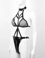 Plus Size Balck Bandage PU Latex Leather Mesh Bodysuit Exotic Teddies Zipper Crotch Catsuit 2XL Costumes Women Sexy Lingerie