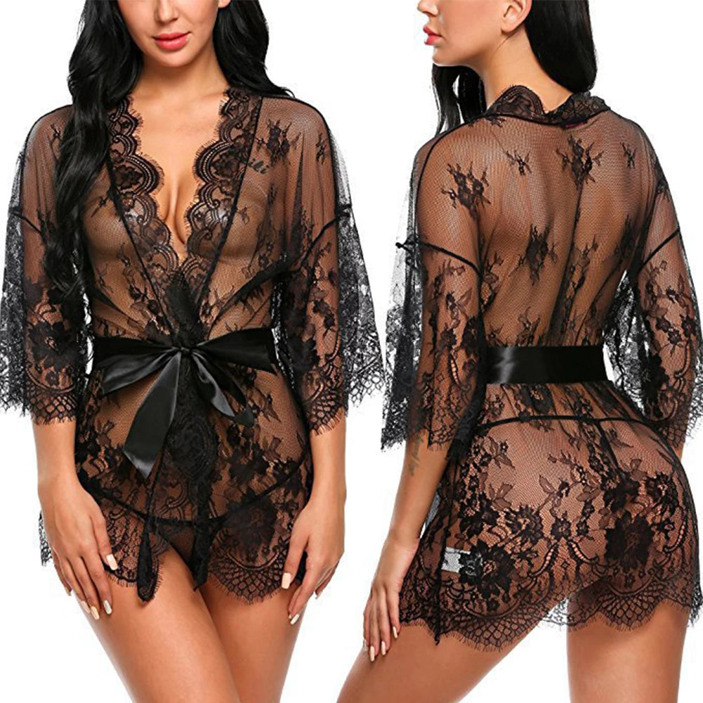 Women Sexy Lingerie Erotic Transparent V-Neck Nightwear Babydoll Robe G-string Costume Kimono Robe Lace Sleepwear Dress