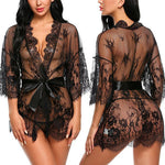 Women Sexy Lingerie Erotic Transparent V-Neck Nightwear Babydoll Robe G-string Costume Kimono Robe Lace Sleepwear Dress
