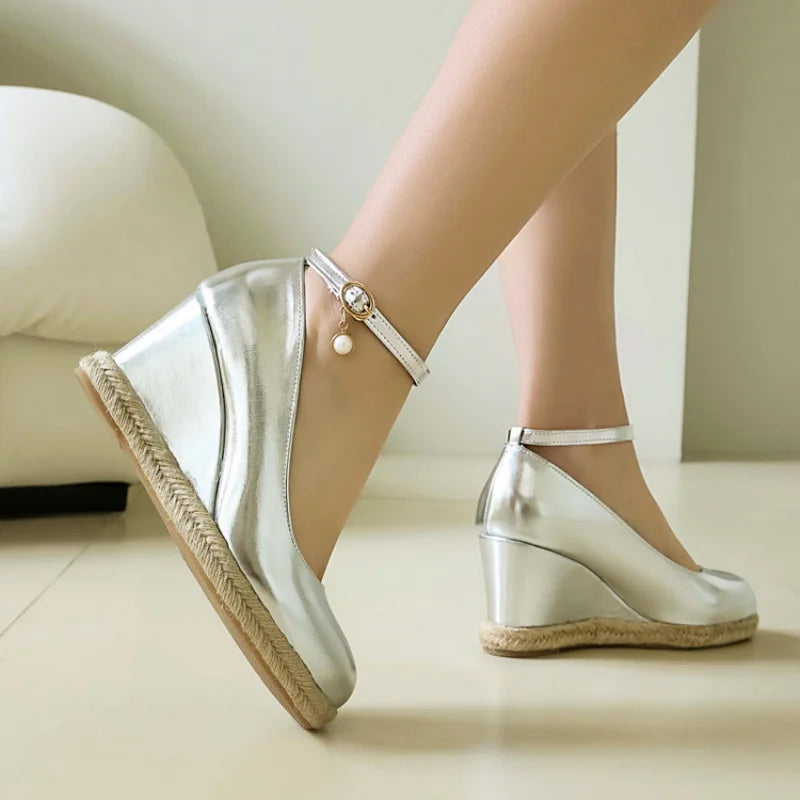 Concise Classic Women Ankle Strap Pumps 2026 Autumn Spring Shoes Wedge High Heels Beads Silver White Plus Size Daily 43