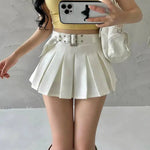 WOMENGAGA Summer Skorts High-quality Sexy A-LINE Safety Skirts Pleated Skirt Half Length Short Skirt Belt Fashion Women E4H4